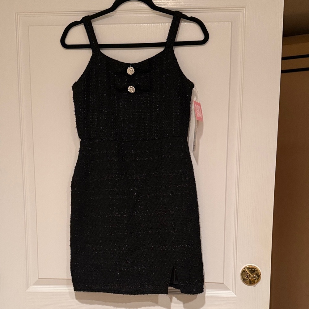Rare Editions Girls 16 Black Lurex  Mini Dress with Bow Detail Diamond buttons